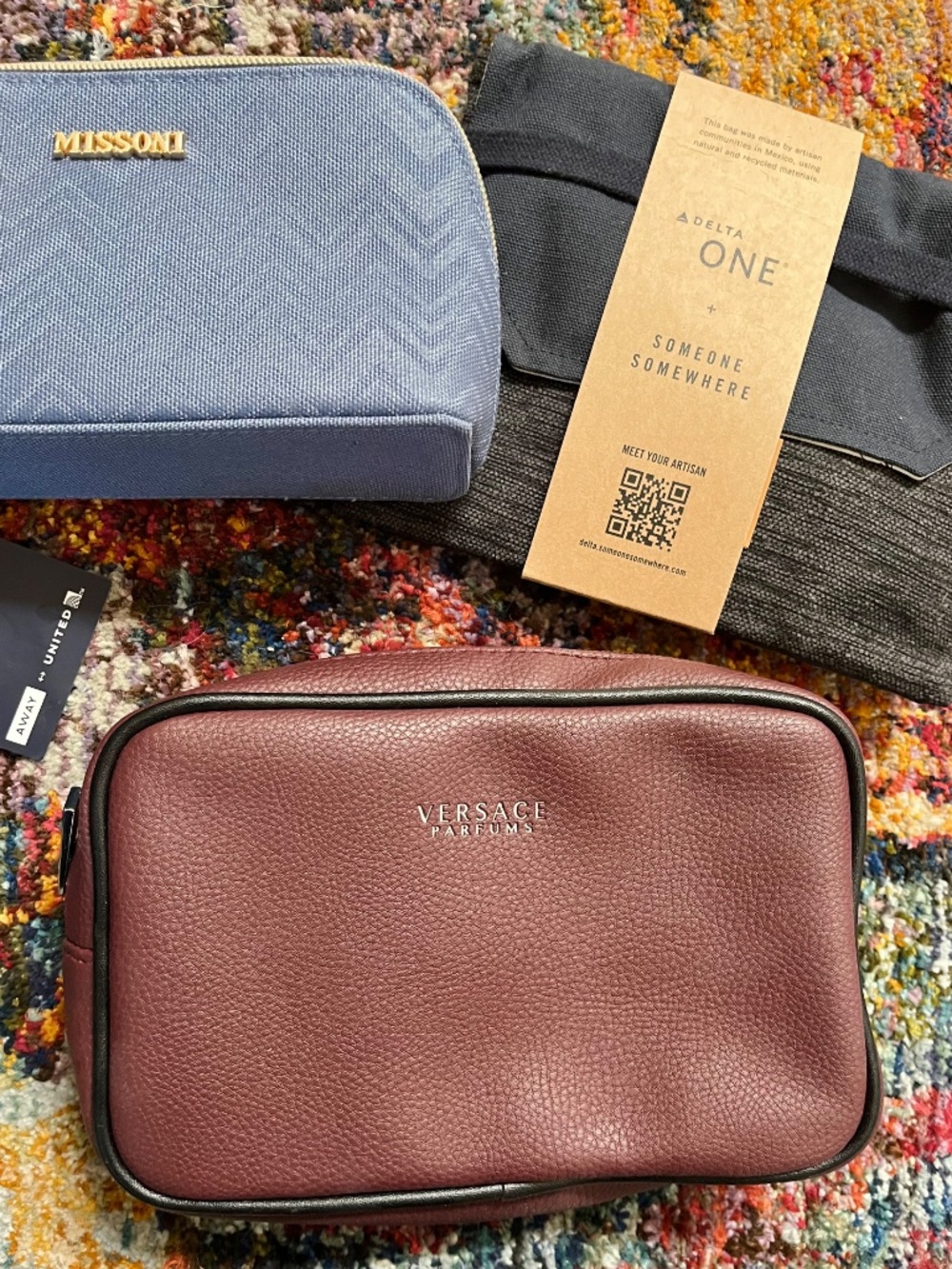 5 Travel Pouches from Versace, Missoni, Delta One, United, Ethiopian Airlines